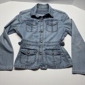 AC 3998 Blue Denim Jean Jacket Long Sleeve Button Up Women's Size Sm Y2K
